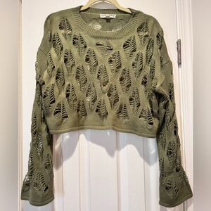 Cropped Knit Sweater Bell Sleeves - Green - Medium